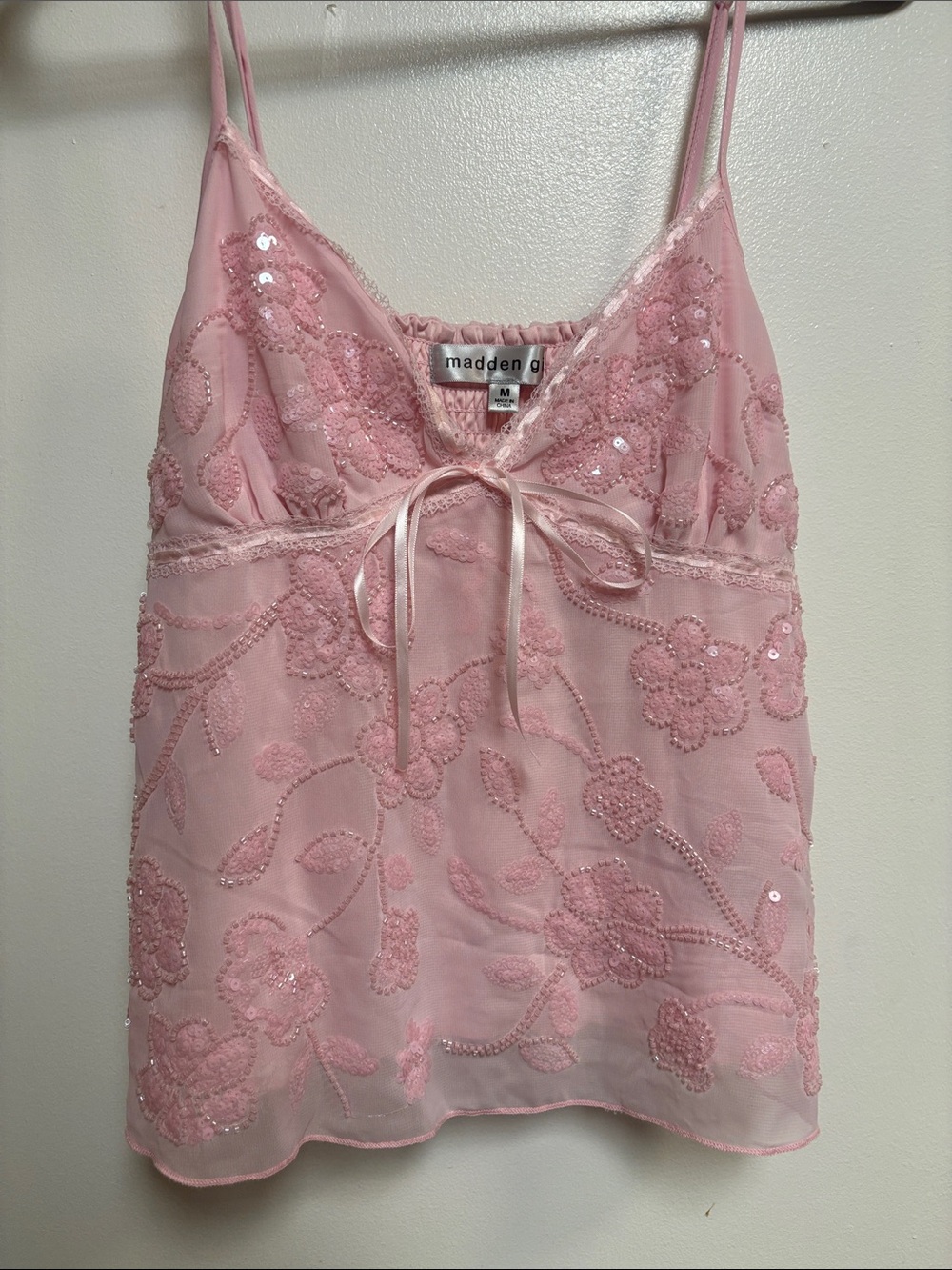 Madden Girl Pink Sequin Floral Lace-Trim Cami